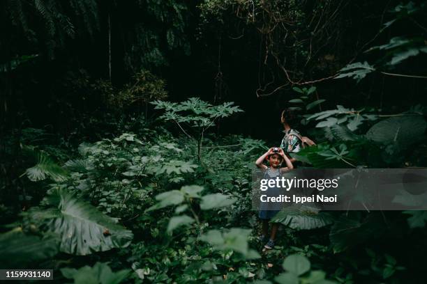 cute preschool girl hiking in jungle with mother, okinawa, japan - satoyama scenery 個照片及圖片檔