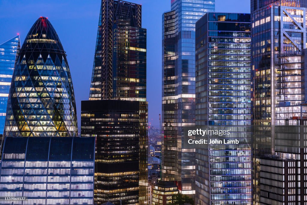 Elevated view of London's Financial District at night.