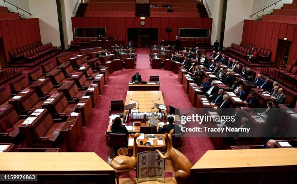 Senators vote and pass the Treasury Laws Amendment Bill 2019, in the Senate at Parliament House on July 04, 2019 in Canberra, Australia. Prime...