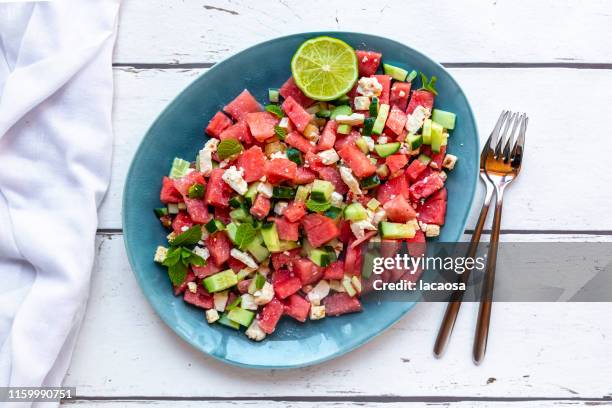 watermelon salad with feta, cucumber, mint and lime dressing on plate - cucumber leaves stock-fotos und bilder