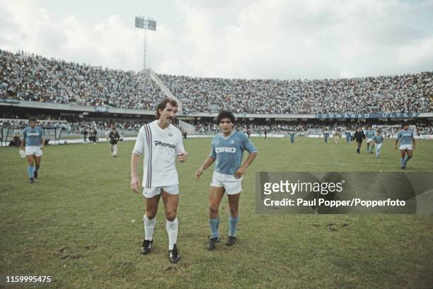 Scottish footballer Graeme Souness of Sampdoria and Diego Maradona of Napoli pictured chatting together on the pitch after playing in the Serie A...