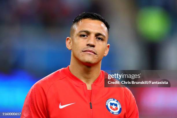 Alexis Sanchez of Chile looks on before the Copa America Brazil 2019 Semi Final match between Chile and Peru at Arena do Gremio on July 03, 2019 in...