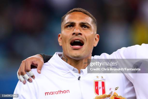 Paolo Guerrero of Peru sings the national anthem ahead of the Copa America Brazil 2019 Semi Final match between Chile and Peru at Arena do Gremio on...