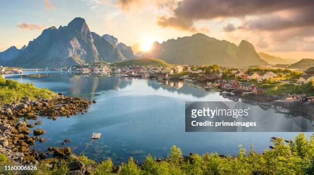 norway panoramic view of lofoten islands in norway with sunset scenic - norway fjord stock pictures, royalty-free photos & images