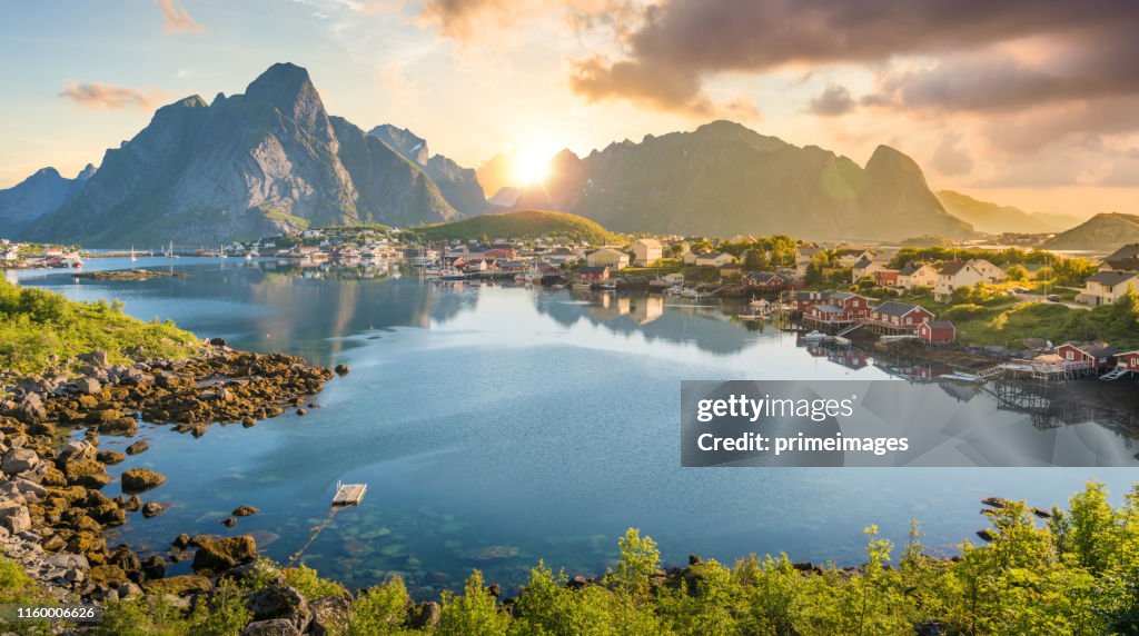 Norway Panoramic view of Lofoten Islands in Norway with sunset scenic