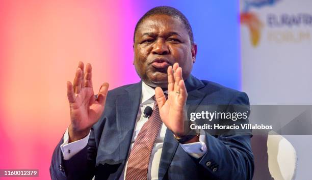 The President of the Republic of Mozambique, Filipe Nyusi,delivers remarks onstage at "A Conversation Between Presidents: Two-Voices Overview for the...