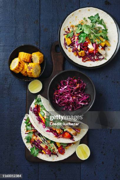 grilled chicken tacos - mexican food on table stock pictures, royalty-free photos & images