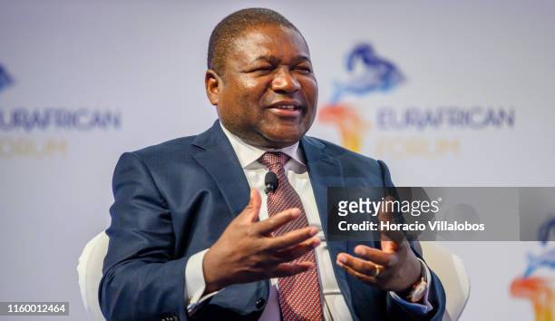The President of the Republic of Mozambique, Filipe Nyusi,delivers remarks onstage at "A Conversation Between Presidents: Two-Voices Overview for the...