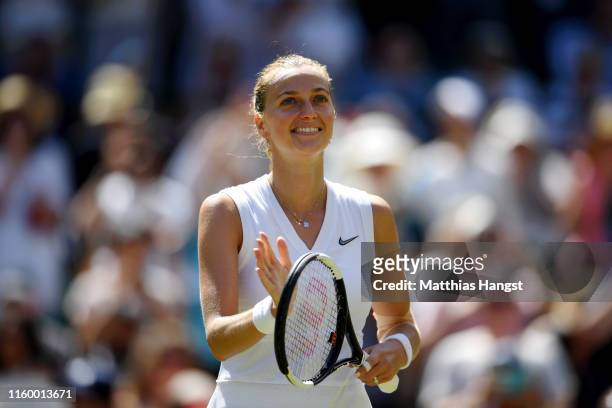 Petra Kvitova of Czech Republic celebrates victory in her Ladies' Singles second round match against Kristina Mladenovic of France during Day four of...