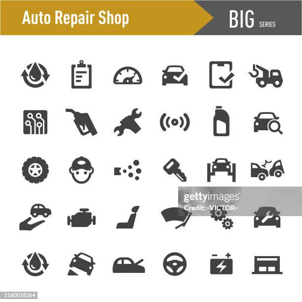 ilustraciones, imágenes clip art, dibujos animados e iconos de stock de conjunto de iconos de taller de reparación automática - big series - garaje