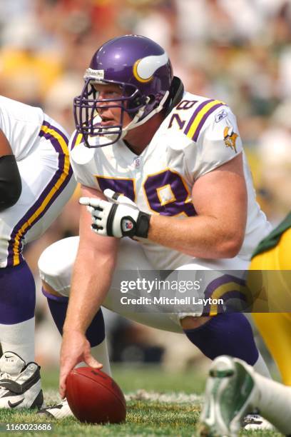 Matt Birkr of the Minnesota Vikings in position during a football game against the Green Bay Packers a at Lambeau Field on September 7, 2003 in Green...