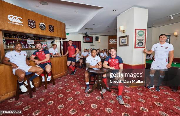 Anthony Watson, Elliot Daly, Sam Underhill, Manu Tuilagi, Tom Curry and Ben Youngs of England at the launch of the England Rugby World Cup 2019 kit...