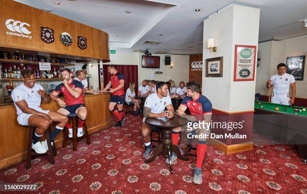 Anthony Watson, Elliot Daly, Sam Underhill, Manu Tuilagi, Tom Curry and Ben Youngs of England at the launch of the England Rugby World Cup 2019 kit...