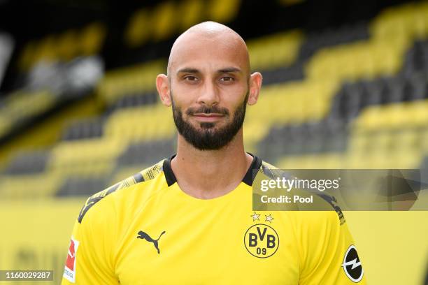 Omer Toprak of Borussia Dortmund poses during the team presentation at the Dortmund Training Ground on August 6, 2019 in Dortmund, Germany.