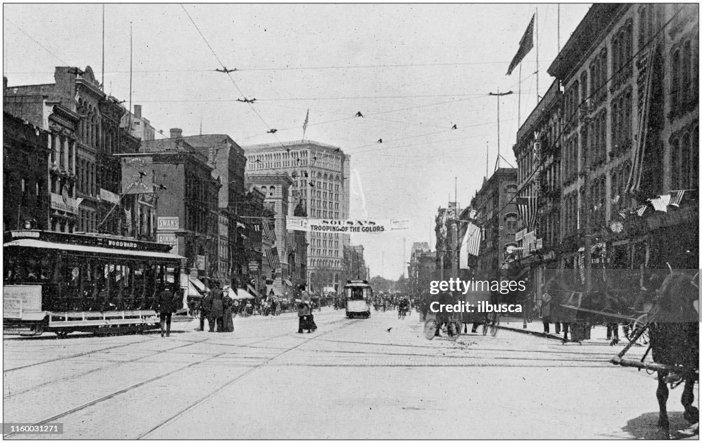 Antique black and white photo of Detroit, Michigan: Woodward avenue