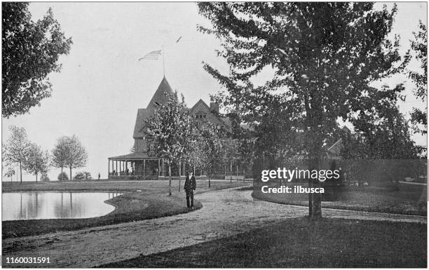 antique black and white photo of detroit, michigan: country club - rural midwest stock illustrations