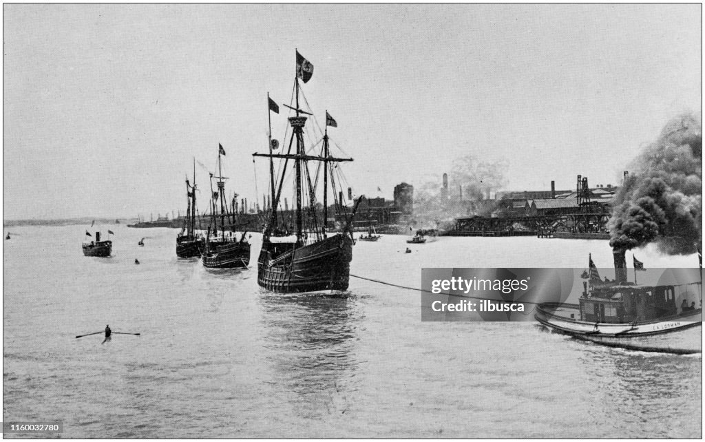 Antique black and white photo of Detroit, Michigan: Caravels, Detroit River
