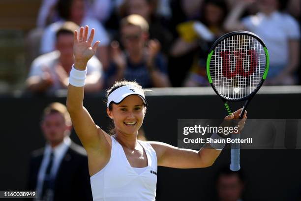 Lauren Davis of The United States celebrates victory in her Ladies' Singles second round match against Angelique Kerber of Germany during Day four of...