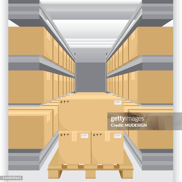 kartons und holzpalette mit lager - container innen stock-grafiken, -clipart, -cartoons und -symbole