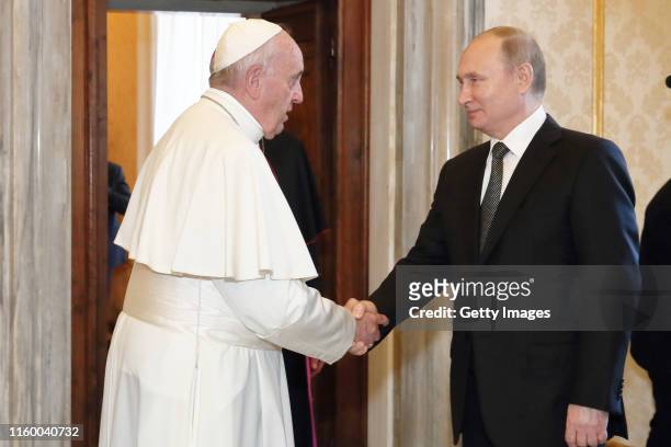 Russian Federation President Vladimir Putin meets with Pope Francis at the Vatican on July 04, 2019 in Vatican City, Vatican.