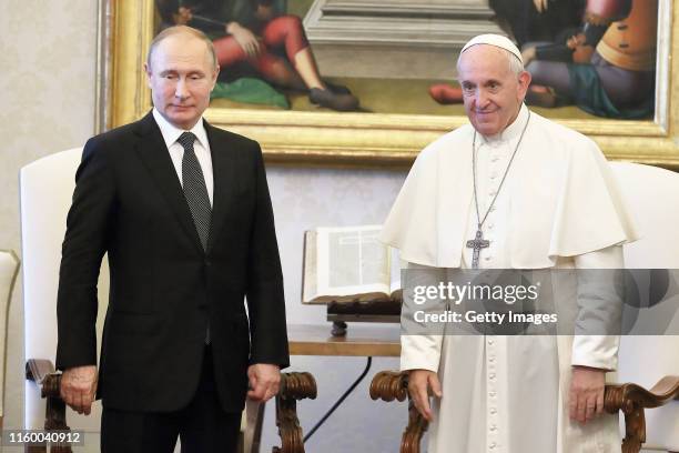 Russian Federation President Vladimir Putin meets with Pope Francis at the Vatican on July 04, 2019 in Vatican City, Vatican.