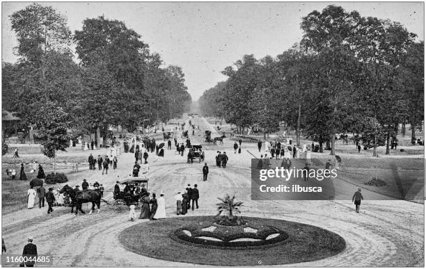 antique black and white photo of detroit, michigan: central avenue, belle isle - belle isle stock illustrations