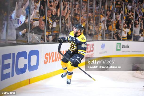 David Krejci of the Boston Bruins scores a goal against the Vancouver Canucks in Game Six of the 2011 NHL Stanley Cup Final at TD Garden on June 13,...