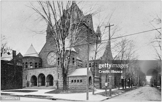 antique black and white photo of detroit, michigan: woodward avenue congregational church - woodward avenue stock illustrations