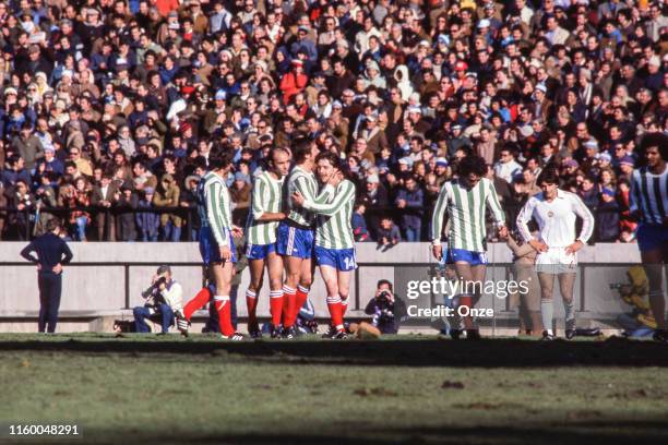 France players celebrate during the World Cup 1978 match between France and Hungary at Jose Maria Minella Stadium, Mar del Plata, Argentina, on June...