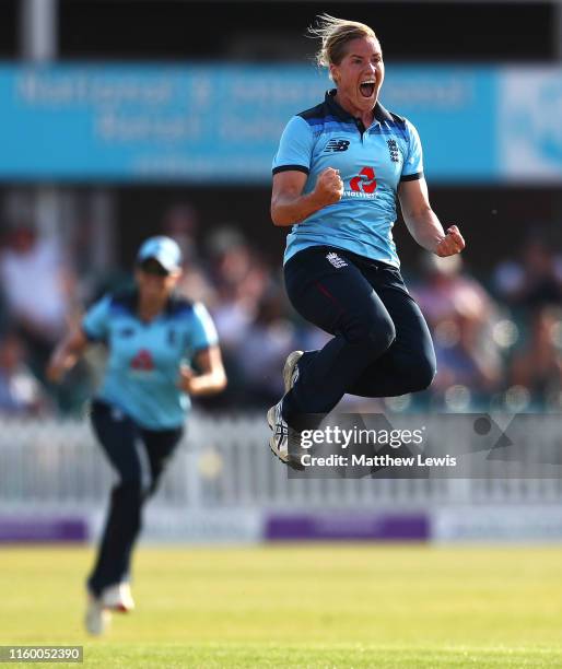 Katherine Brunt of England celebrates bowling Meg Lanning of Australia during the 2nd Royal London Women's ODI match between England and Australia at...