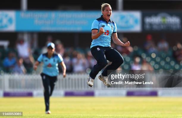 Katherine Brunt of England celebrates bowling Meg Lanning of Australia during the 2nd Royal London Women's ODI match between England and Australia at...