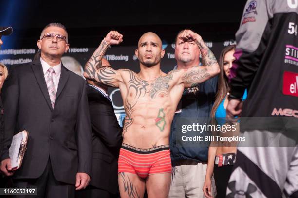 June 6: MANDATORY CREDIT Bill Tompkins/Getty Images Miguel Cotto poses at the weigh-in for their upcoming world middleweight title fight on June 6,...