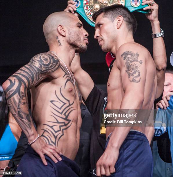 June 6: MANDATORY CREDIT Bill Tompkins/Getty Images Miguel Cotto and Sergio Martinez pose at the weigh-in for their upcoming world middleweight title...