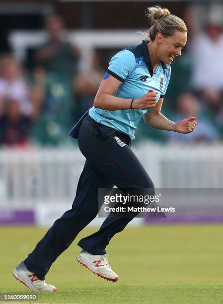 Laura Marsh of England celebrates cathing and bowling Rachael Haynes of Australia during the 2nd Royal London Women's ODI match between England and...