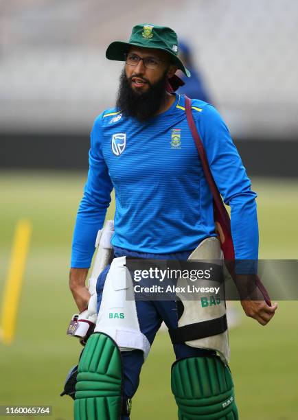 Hashim Amla of South Africa looks on during a training session at Old Trafford during the ICC Cricket World Cup on July 04, 2019 in Manchester,...