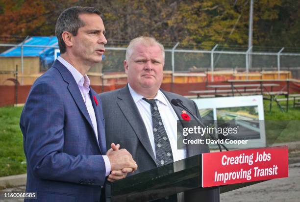 November 9: Dalton McGuinty and Rob Ford address the media after they visited an Eglinton-Scarborough Crosstown LRT construction site at Keelesdale...