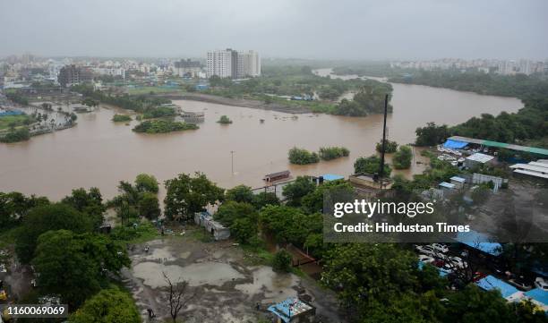 View of Mula River near Baner cremation ground on August 5, 2019 in Pune, India. Low-lying areas in the district were on alert after water was...