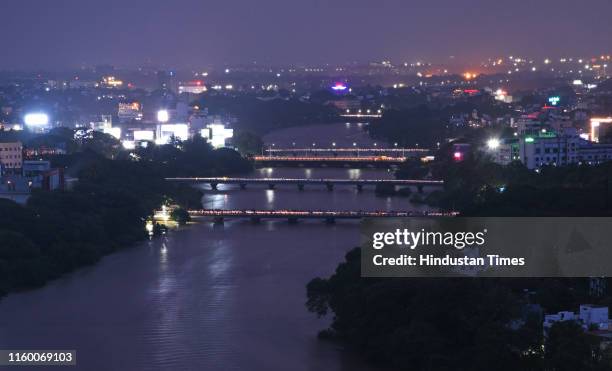 Aerial view of flooded Mutha River on August 5, 2019 in Pune, India. Low-lying areas in the district were on alert after water was released into the...