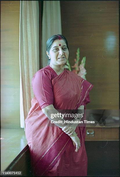 Minister of Information and Broadcasting Sushma Swaraj in New Delhi, India; Former External Affairs Minister and senior BJP leader Sushma Swaraj...