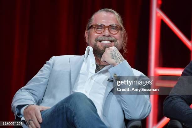 Kurt Sutter of Mayan M.C speaks during the FX segment of the 2019 Summer TCA Press Tour at The Beverly Hilton Hotel on August 6, 2019 in Beverly...