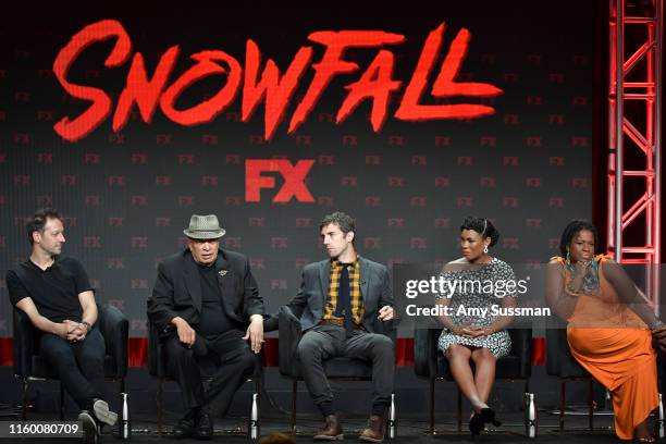 Dave Andron, Walter Mosley, Carter Hudson, Angela Lewis and Michael Hyatt of "Snowfall" speak during the FX segment of the 2019 Summer TCA Press Tour...