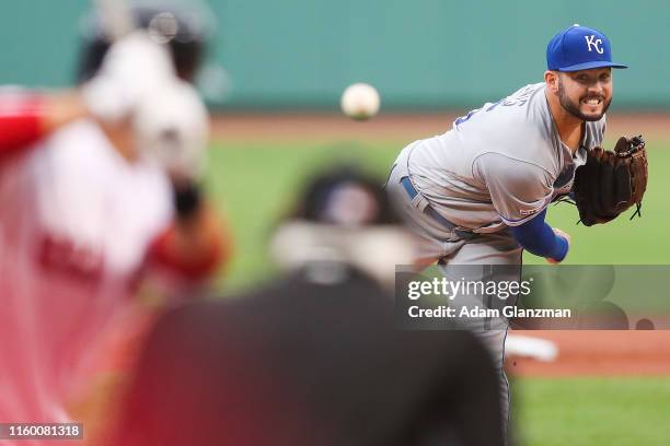Jakob Junis of the Kansas City Royals pitches in the first inning of a game against the Boston Red Sox at Fenway Park on August 6, 2019 in Boston,...