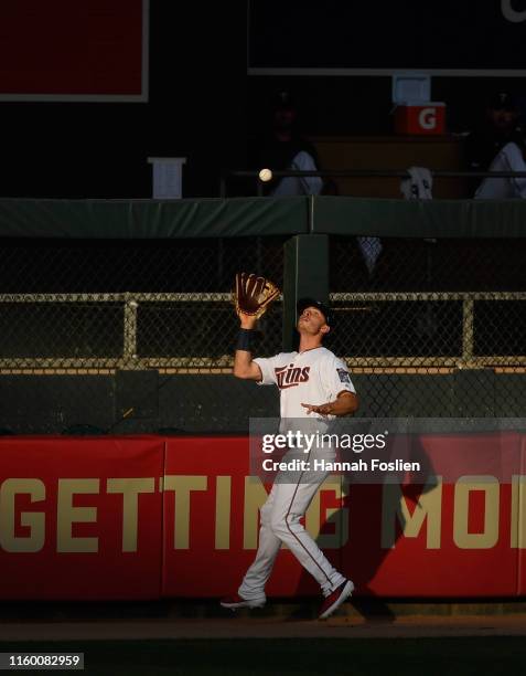 Max Kepler of the Minnesota Twins makes a catch in center field of a ball hit by Freddie Freeman of the Atlanta Braves during the first inning of the...