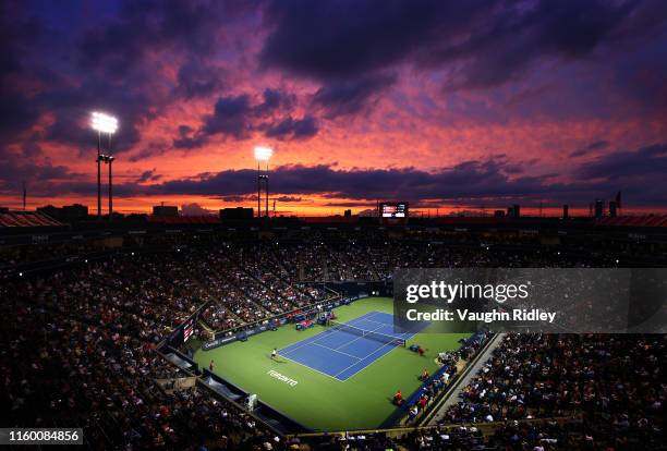 Eugenie Bouchard of Canada serves against Bianca Andreescu of Canada during a first round match on Day 4 of the Rogers Cup at Aviva Centre on August...