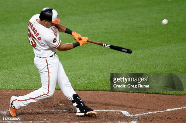 Anthony Santander of the Baltimore Orioles hits a two-run home run in the fifth inning against the New York Yankees at Oriole Park at Camden Yards on...
