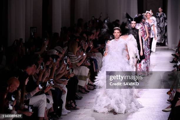 Model walks the runway during the Givenchy Haute Couture Fall/Winter 2019 2020 show as part of Paris Fashion Week on July 02, 2019 in Paris, France.