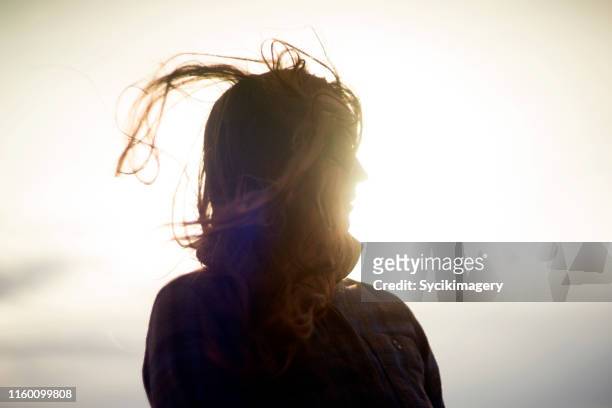 silhouette of woman with hair blowing in the wind - supervivientes fotografías e imágenes de stock
