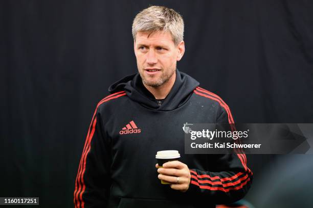 Assistant Coach Ronan O'Gara looks on prior to the Crusaders Super Rugby captain's run at Rugby Park on July 05, 2019 in Christchurch, New Zealand.