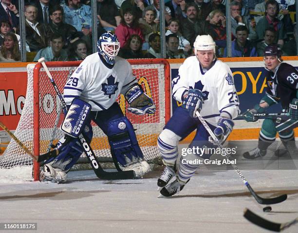 Todd Gill and Felix Potvin of the Toronto Maple Leafs skate against the Mighty Ducks of Anaheim during NHL game action on April 19, 1995 at Maple...