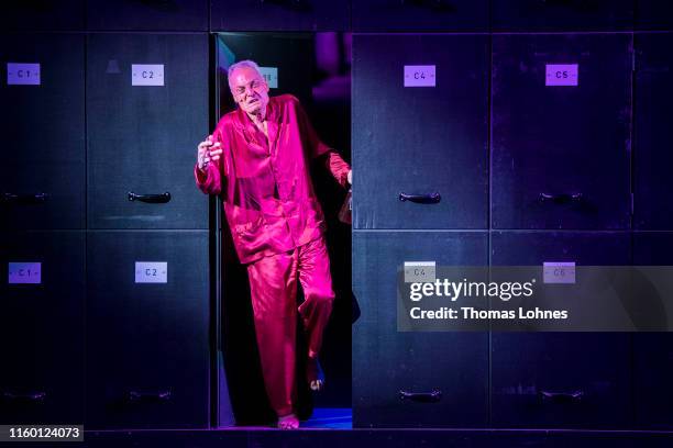 Dieter Laser as 'Advocate Huld' performs at the final rehearsal of "Der Prozess" during the 69. Bad Hersfelder Festspiele 2019 on July 04, 2019 in...